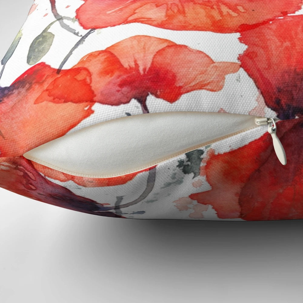 Closeup of vibrant wild red poppies in a field, featured on a decorative throw pillow