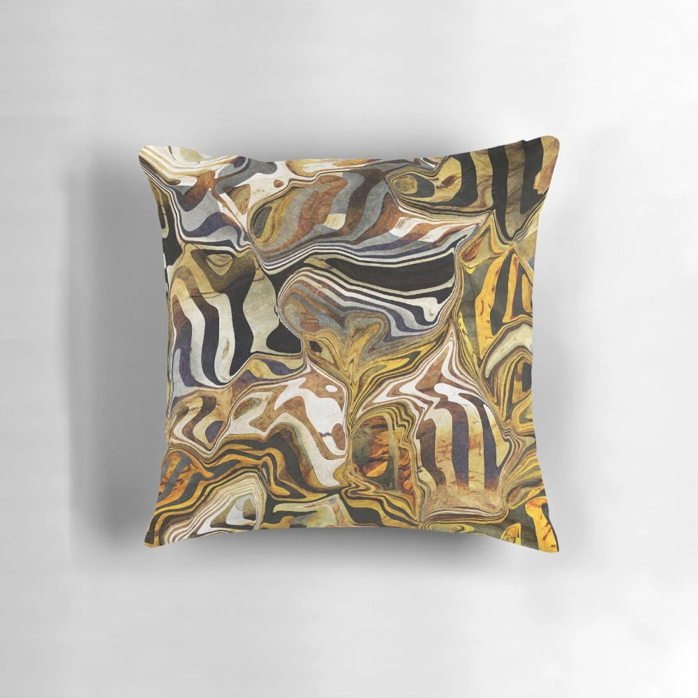 A decorative throw pillow featuring a vibrant wild safari inspired animal print pattern in gold, black, yellow, and white colors.