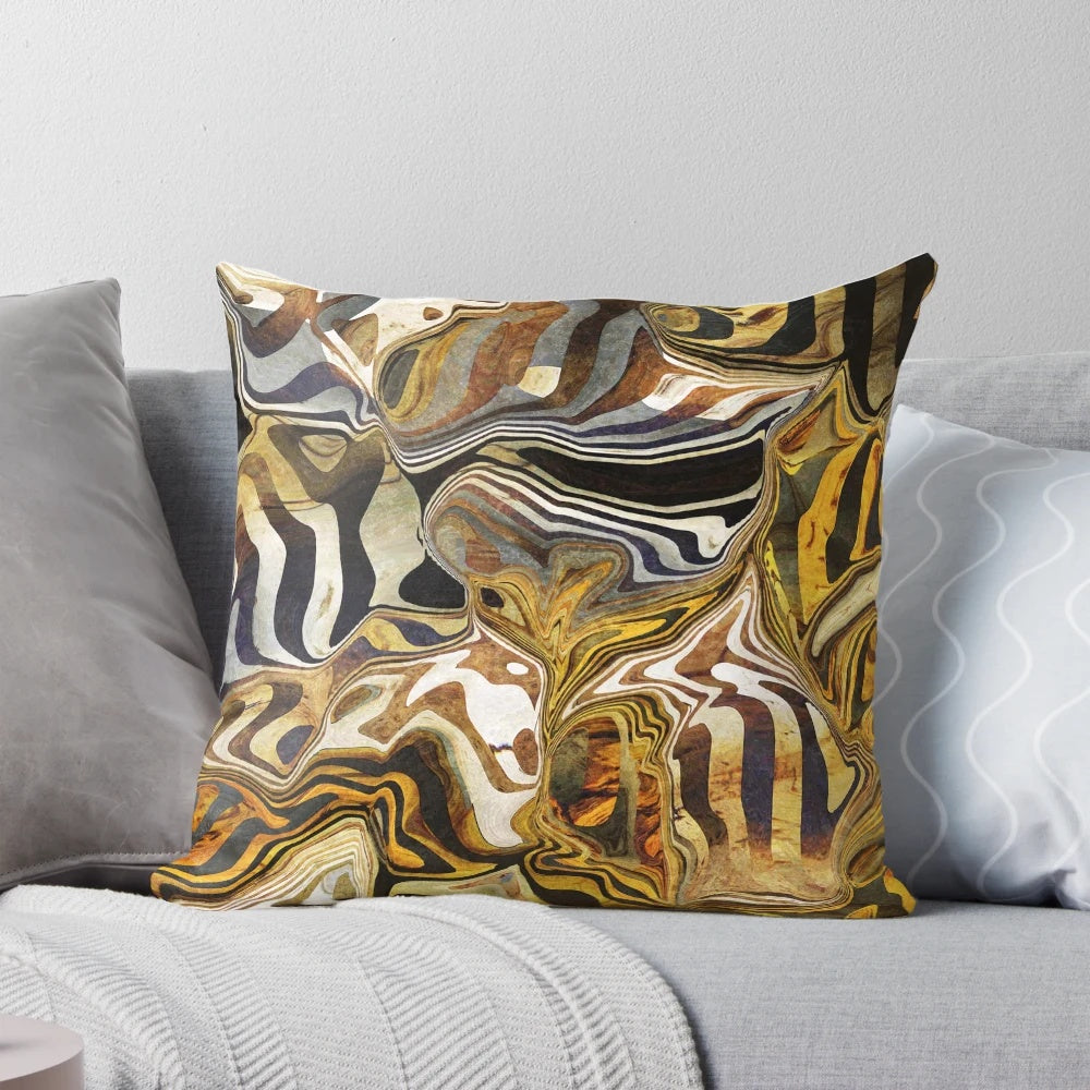 A decorative throw pillow featuring a vibrant wild safari inspired animal print pattern in gold, black, yellow, and white colors.