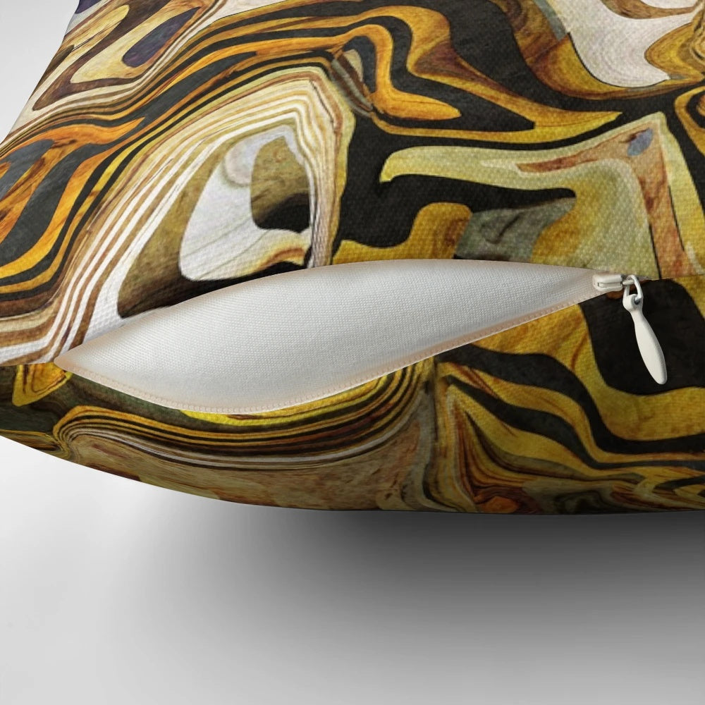 A decorative throw pillow featuring a vibrant wild safari inspired animal print pattern in gold, black, yellow, and white colors.