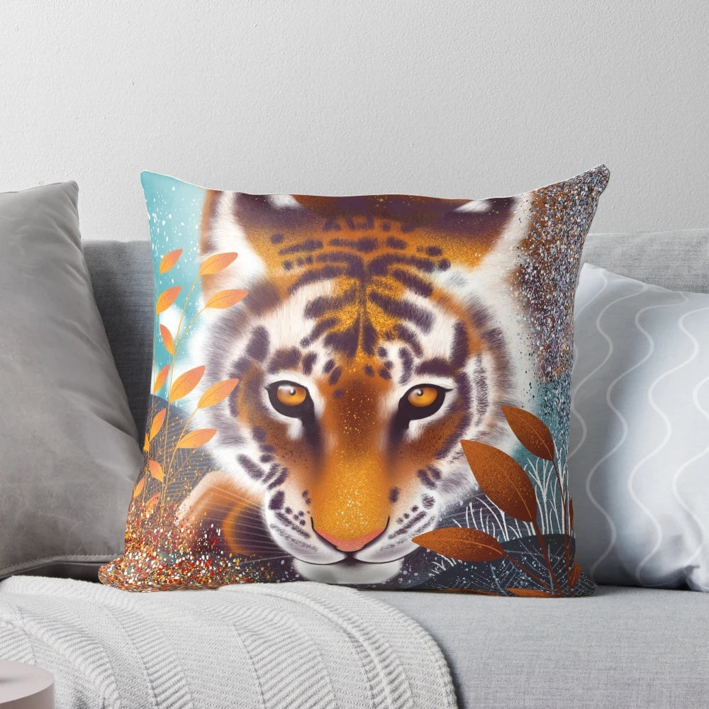 Colorful floral tiger print pillow with a nature-inspired design