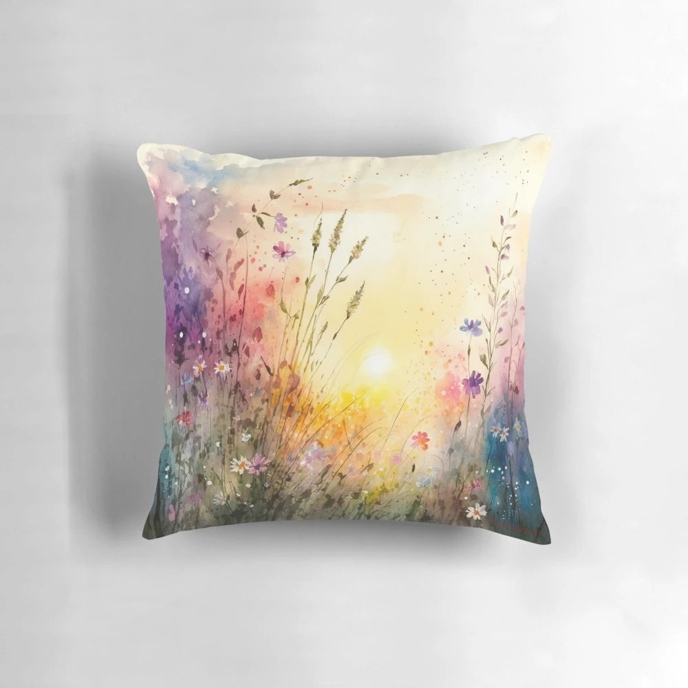 Vibrant watercolor painting of a wildflower field printed on a soft, cozy throw pillow.