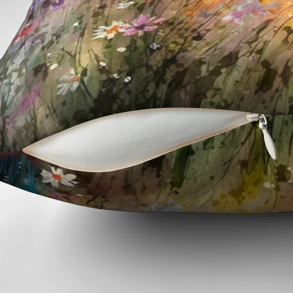 Vibrant watercolor painting of a wildflower field printed on a soft, cozy throw pillow.