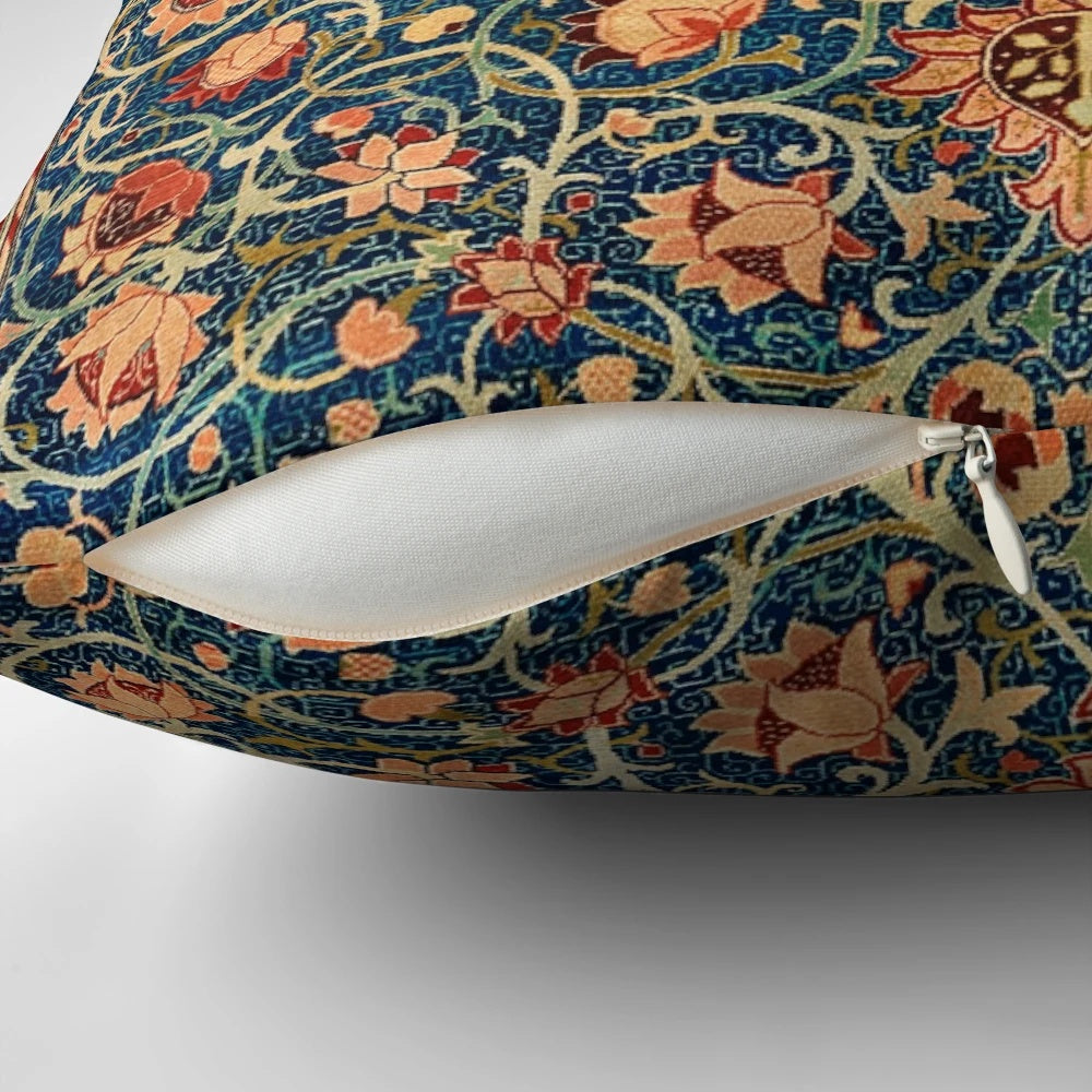 Luxurious William Morris floral carpet print pillow with a vintage, nature-inspired design