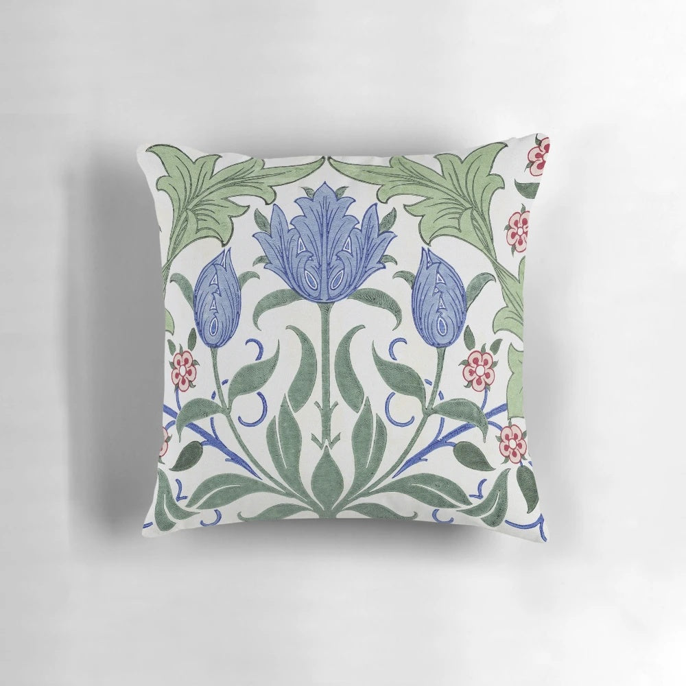 Decorative throw pillow featuring a beautiful floral design with tulips by William Morris