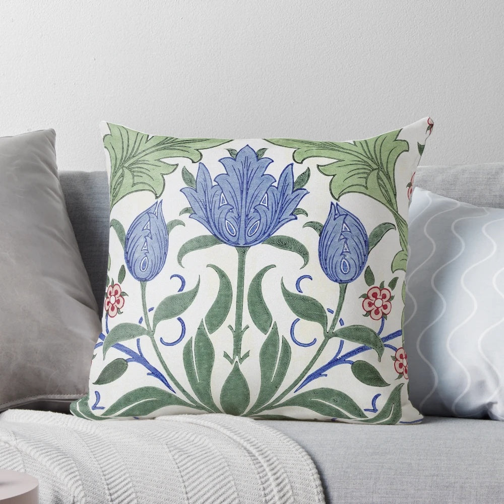 Decorative throw pillow featuring a beautiful floral design with tulips by William Morris
