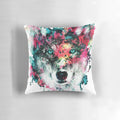A colorful and abstract wolf face printed on a decorative throw pillow.
