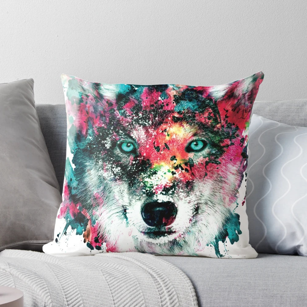 A colorful and abstract wolf face printed on a decorative throw pillow.