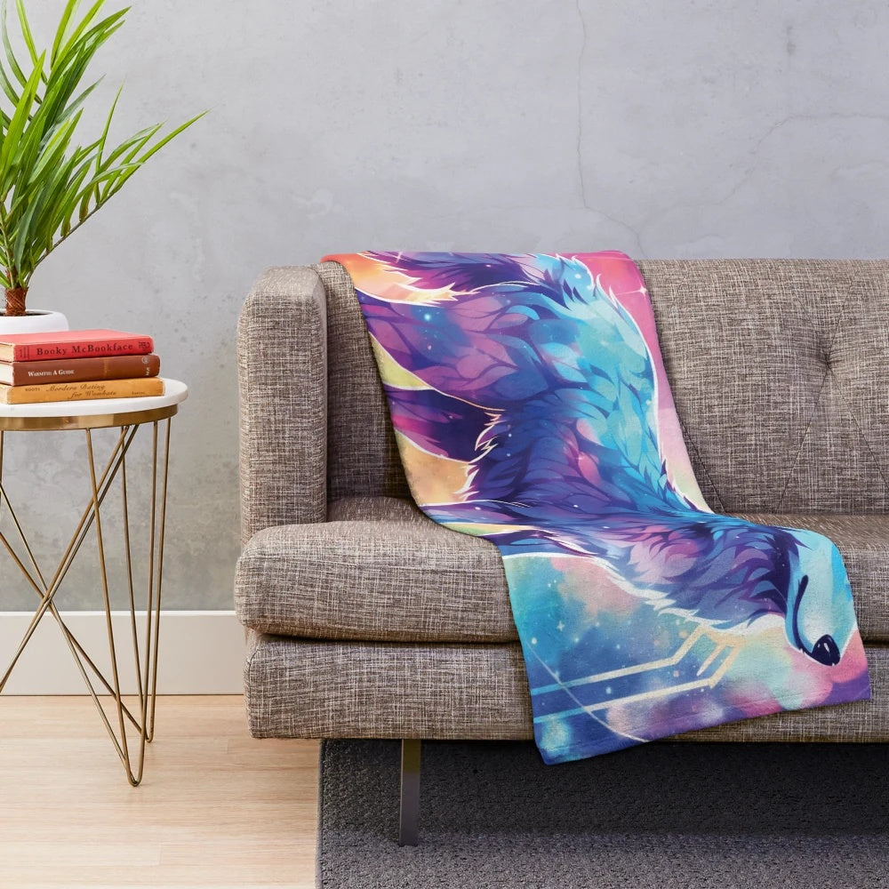 Colorful wolf plush blanket featuring legendary animal fantasy art