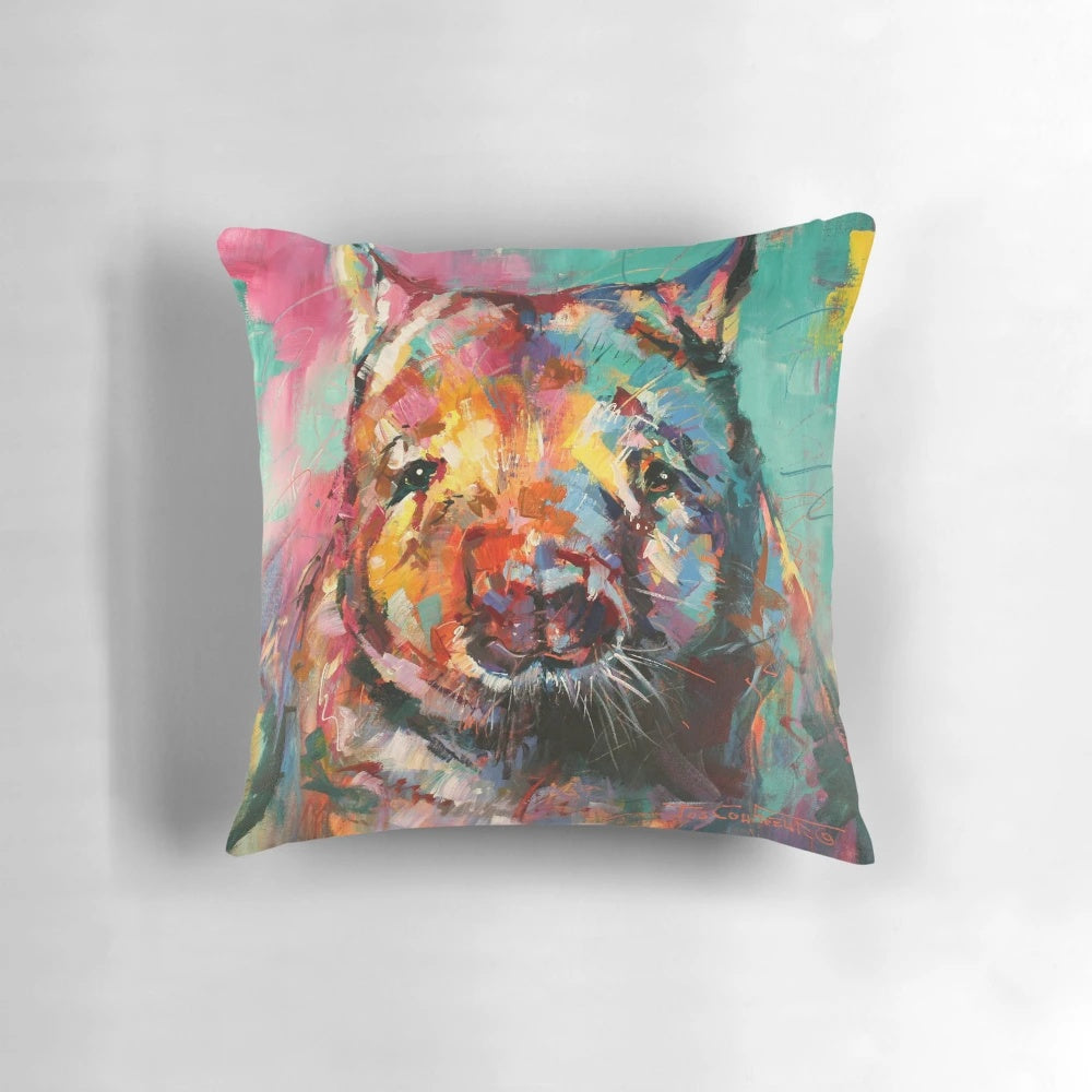 Colorful wombat-themed decorative throw pillow with abstract pop art design