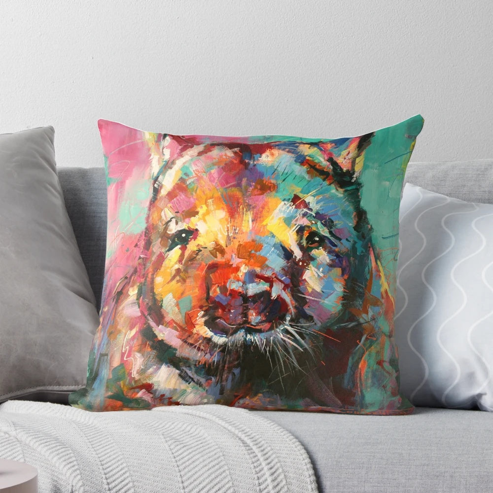 Colorful wombat-themed decorative throw pillow with abstract pop art design
