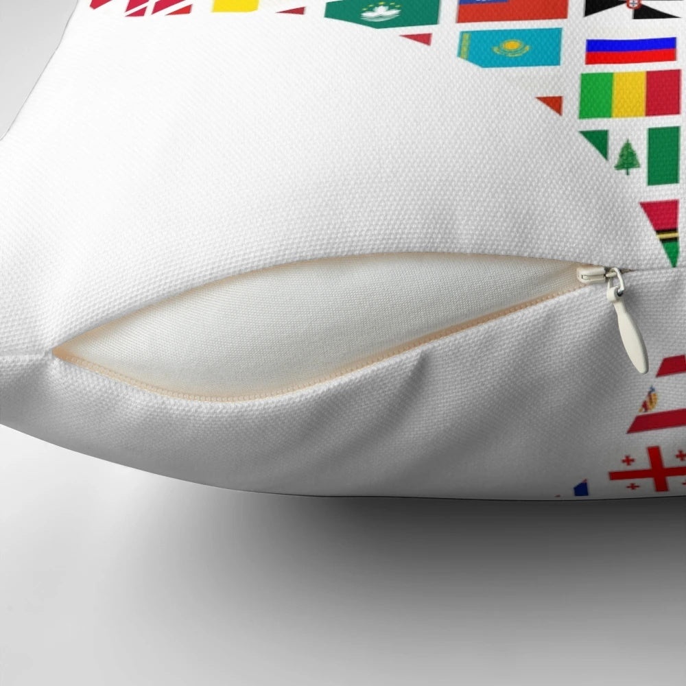 Colorful heart-shaped pillow featuring flags from countries around the world