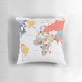 Colorful world map printed on a soft and plush pillow