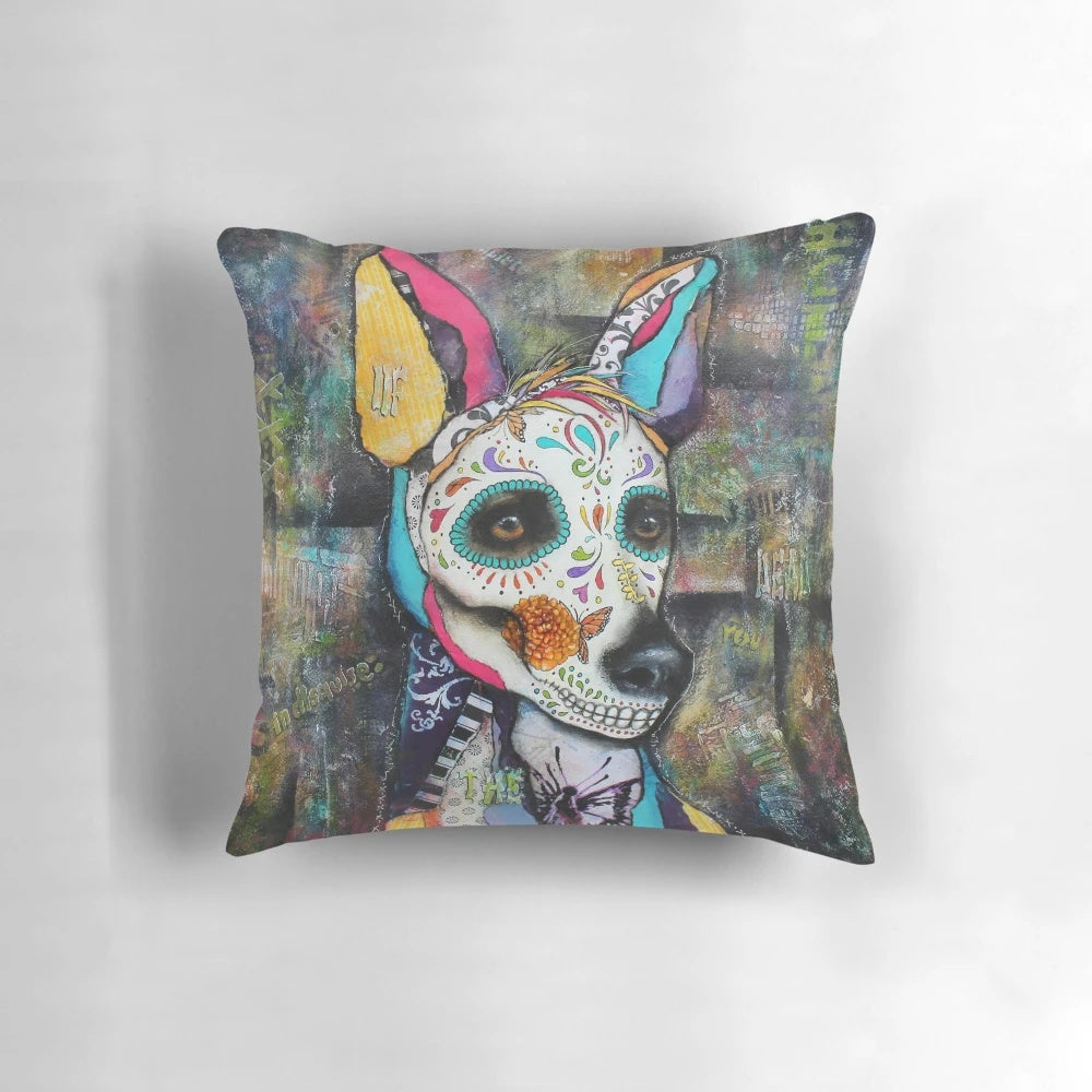 Colorful collage art pillow featuring a Xolo Mexican Hairless dog with elements of graffiti, street art, and urban design.