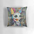 Colorful collage art pillow featuring a Xolo Mexican Hairless dog with elements of graffiti, street art, and urban design.