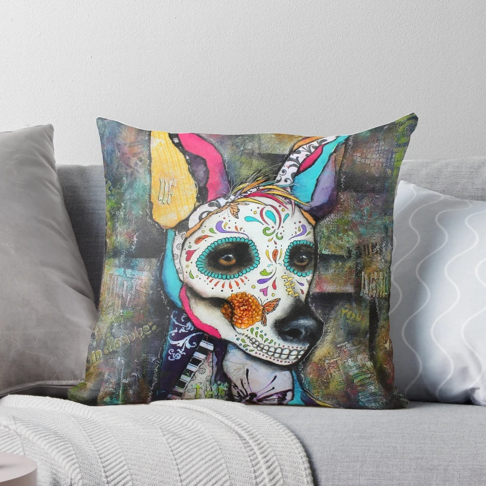 Colorful collage art pillow featuring a Xolo Mexican Hairless dog with elements of graffiti, street art, and urban design.