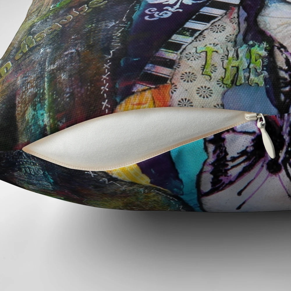 Colorful collage art pillow featuring a Xolo Mexican Hairless dog with elements of graffiti, street art, and urban design.