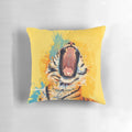 A vibrant and eye-catching pillow featuring a stunning portrait of a yawning tiger, perfect for nature and animal lovers.