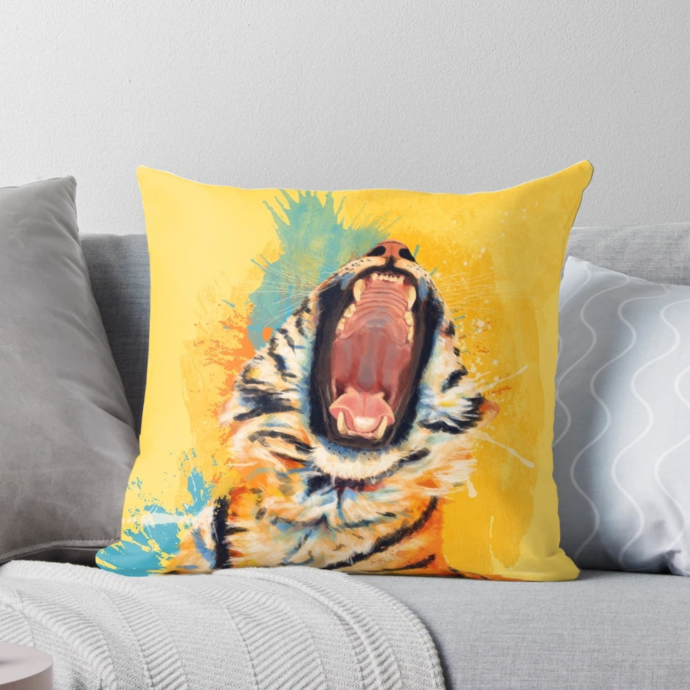 A vibrant and eye-catching pillow featuring a stunning portrait of a yawning tiger, perfect for nature and animal lovers.