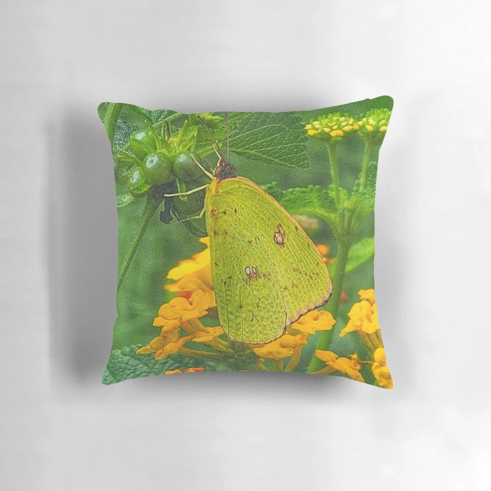 Soft and cozy yellow pillow with a beautiful butterfly print design, perfect for adding a touch of nature to your bedroom decor.
