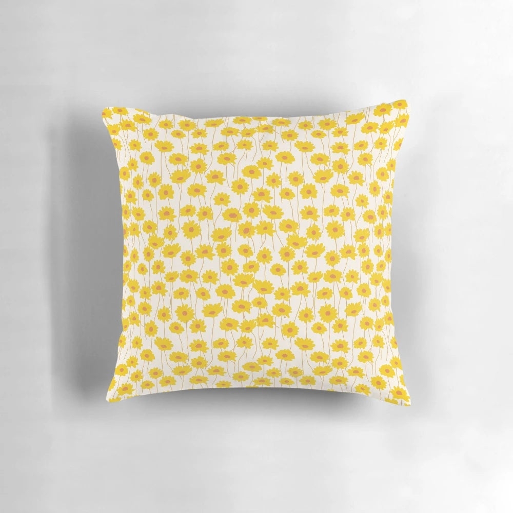 Beautiful yellow flowers in a floral pattern decorative throw pillow for living room, bedroom, or outdoor patio decor.