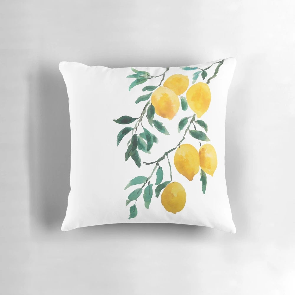A beautiful hand-painted yellow lemon watercolor design decorative pillow.