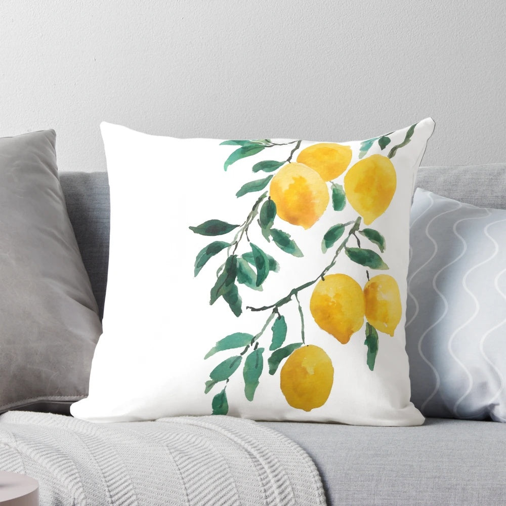 A beautiful hand-painted yellow lemon watercolor design decorative pillow.