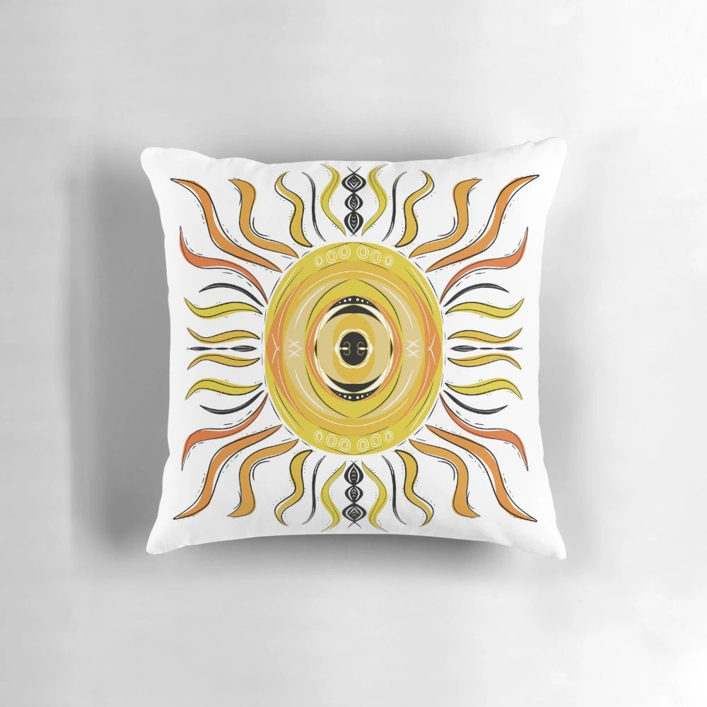 Vibrant yellow mandala print throw pillow with bold sun design