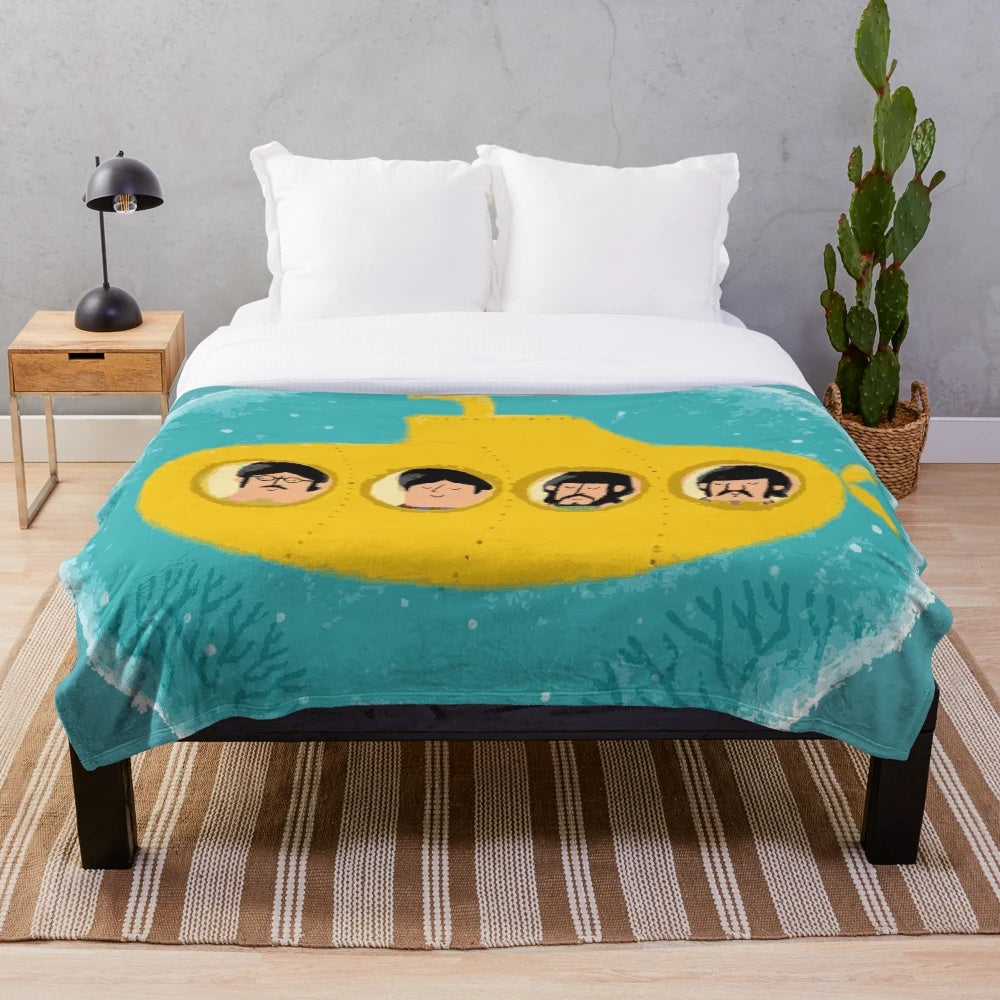 Yellow plush blanket with 60s psychedelic patterns