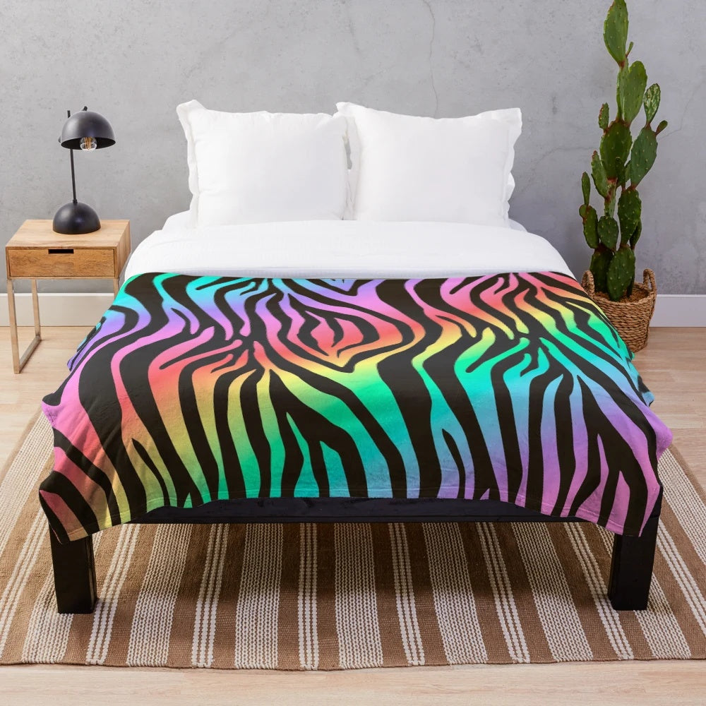 Vibrant rainbow zebra print plush blanket