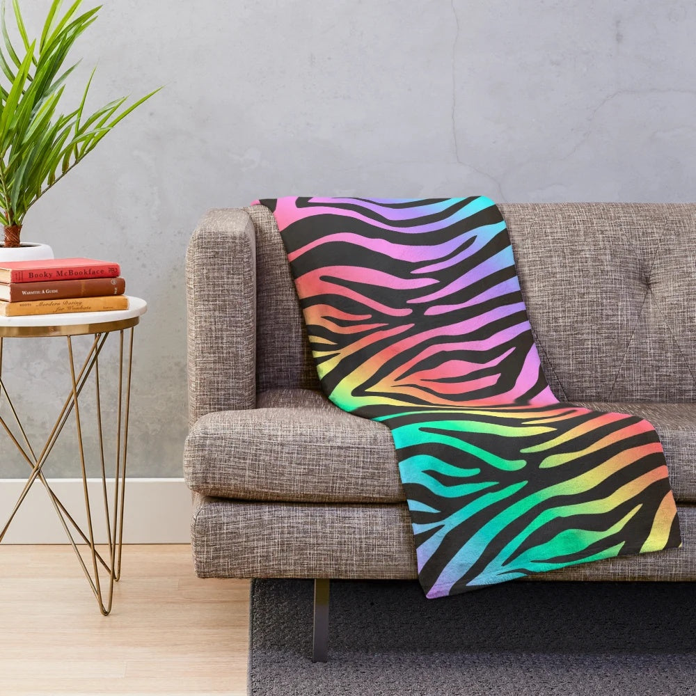 Vibrant rainbow zebra print plush blanket
