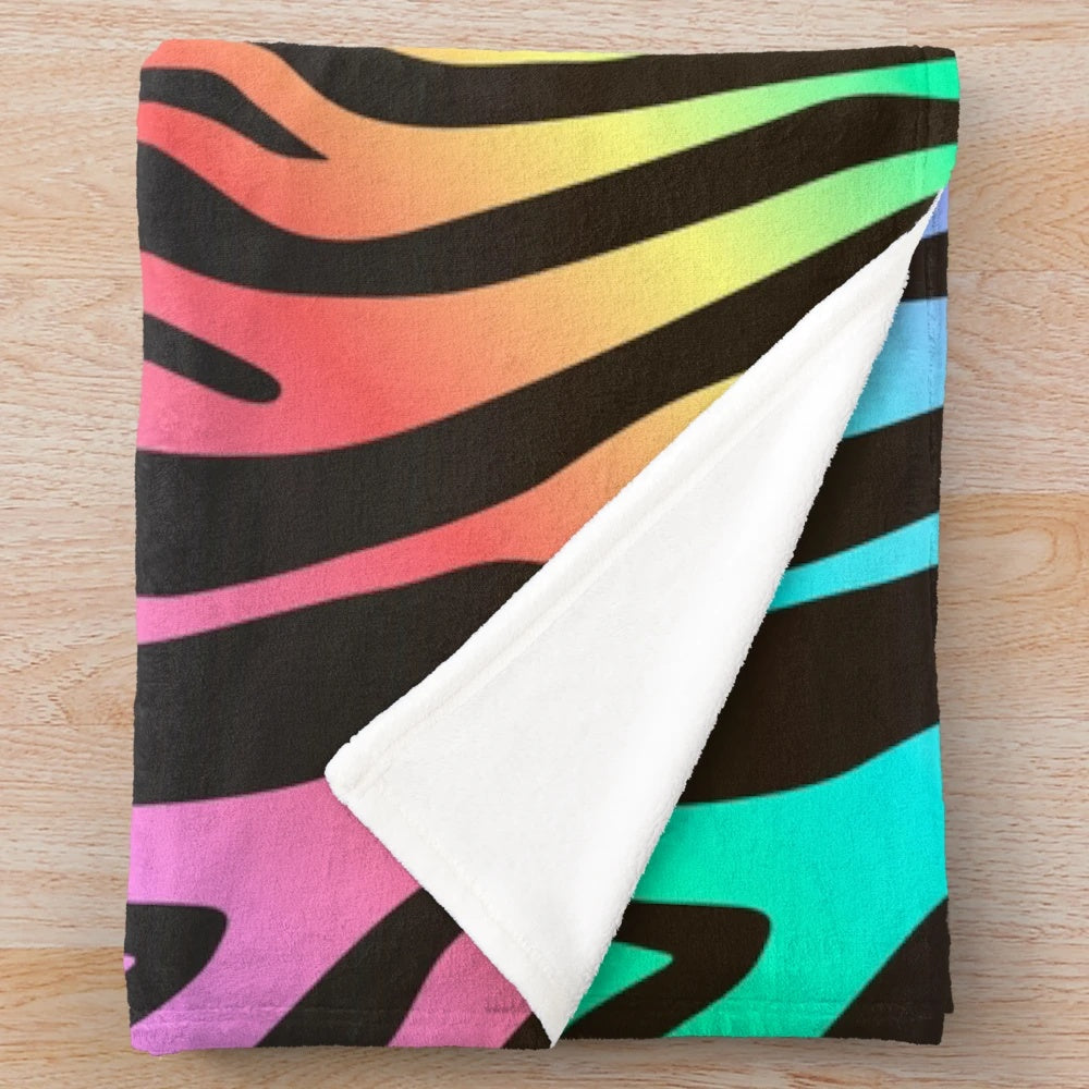 Vibrant rainbow zebra print plush blanket