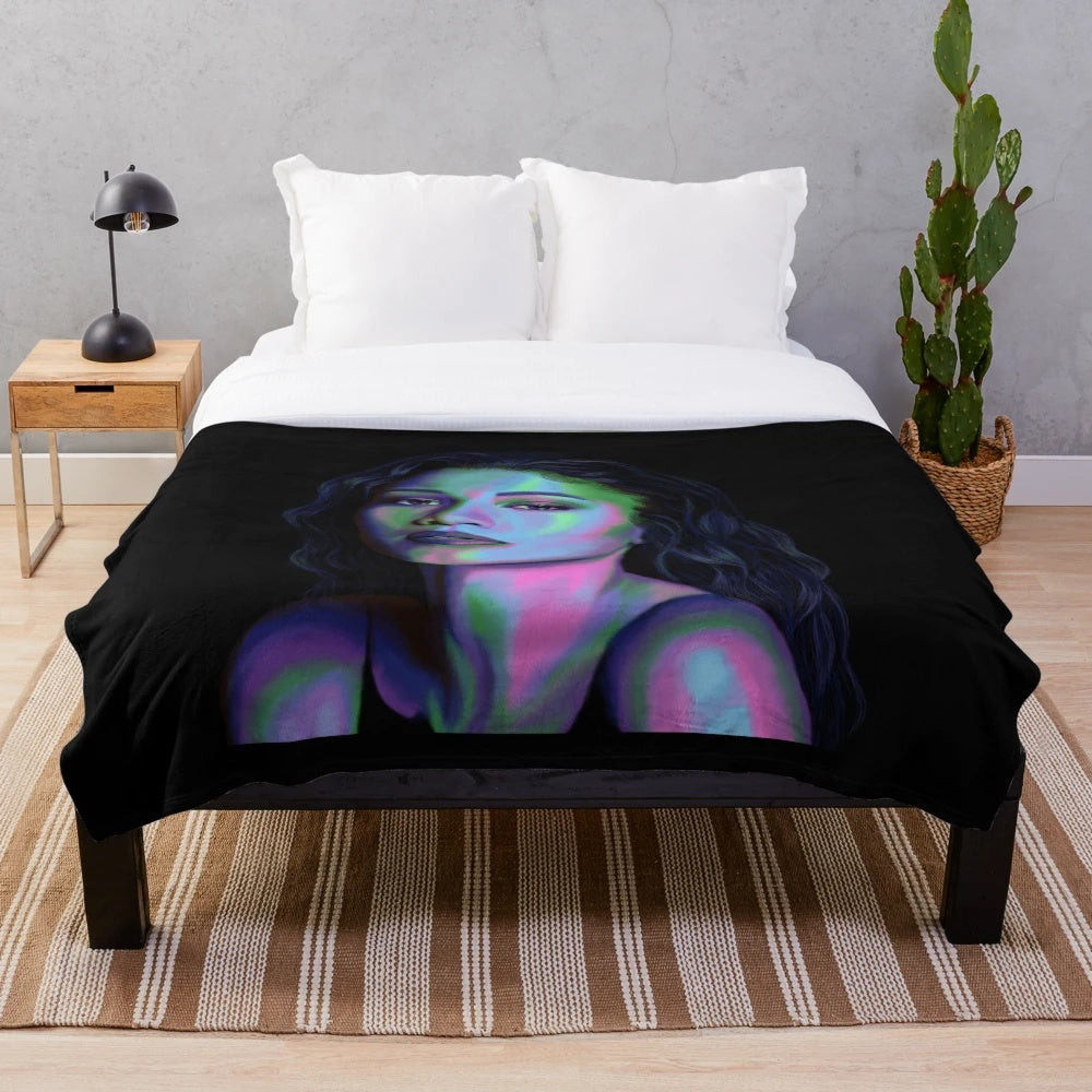 Colorful plush blanket featuring a pop art-style portrait of actress Zendaya