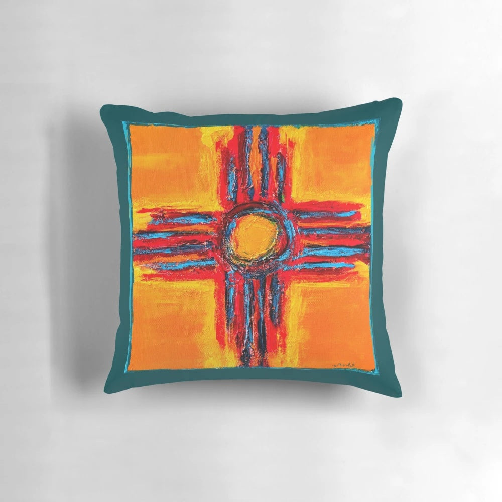 Pillow with a vibrant zia symbol, the iconic sun design of New Mexico, in rich southwestern colors.