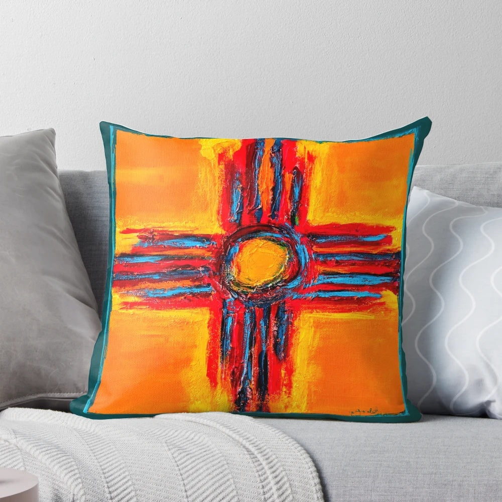 Pillow with a vibrant zia symbol, the iconic sun design of New Mexico, in rich southwestern colors.