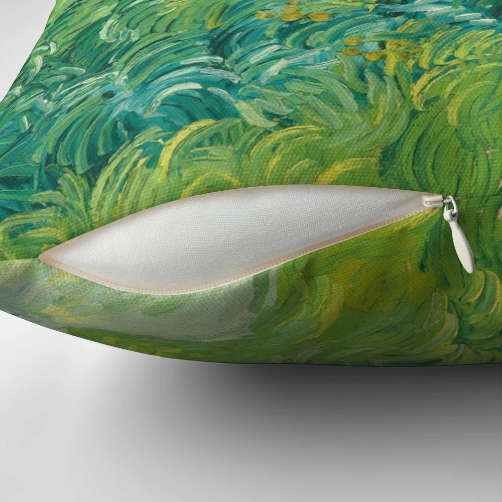 Vincent van Gogh's iconic green wheat fields painting from Auvers, France in 1890 featured on a plush pillow
