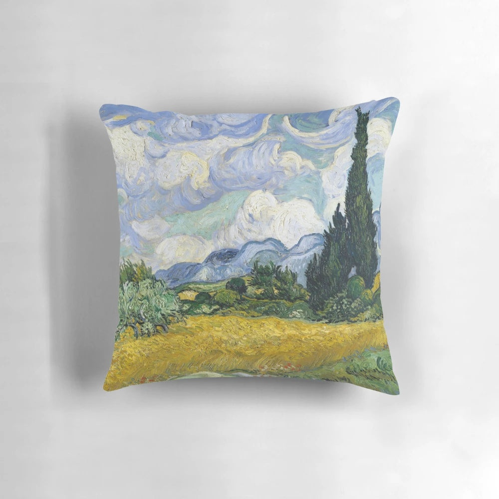 Vincent Van Gogh's Wheat Field with Cypresses oil painting on a plush pillow