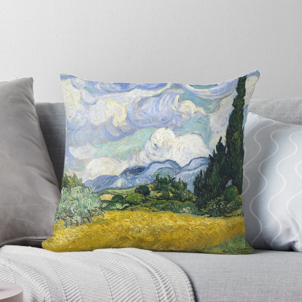Vincent Van Gogh's Wheat Field with Cypresses oil painting on a plush pillow