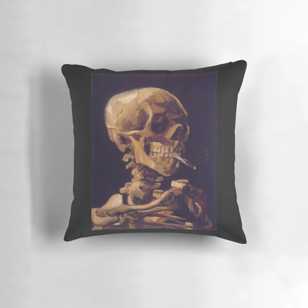 Decorative pillow featuring Vincent Van Gogh's famous painting 'Skull with Burning Cigarette