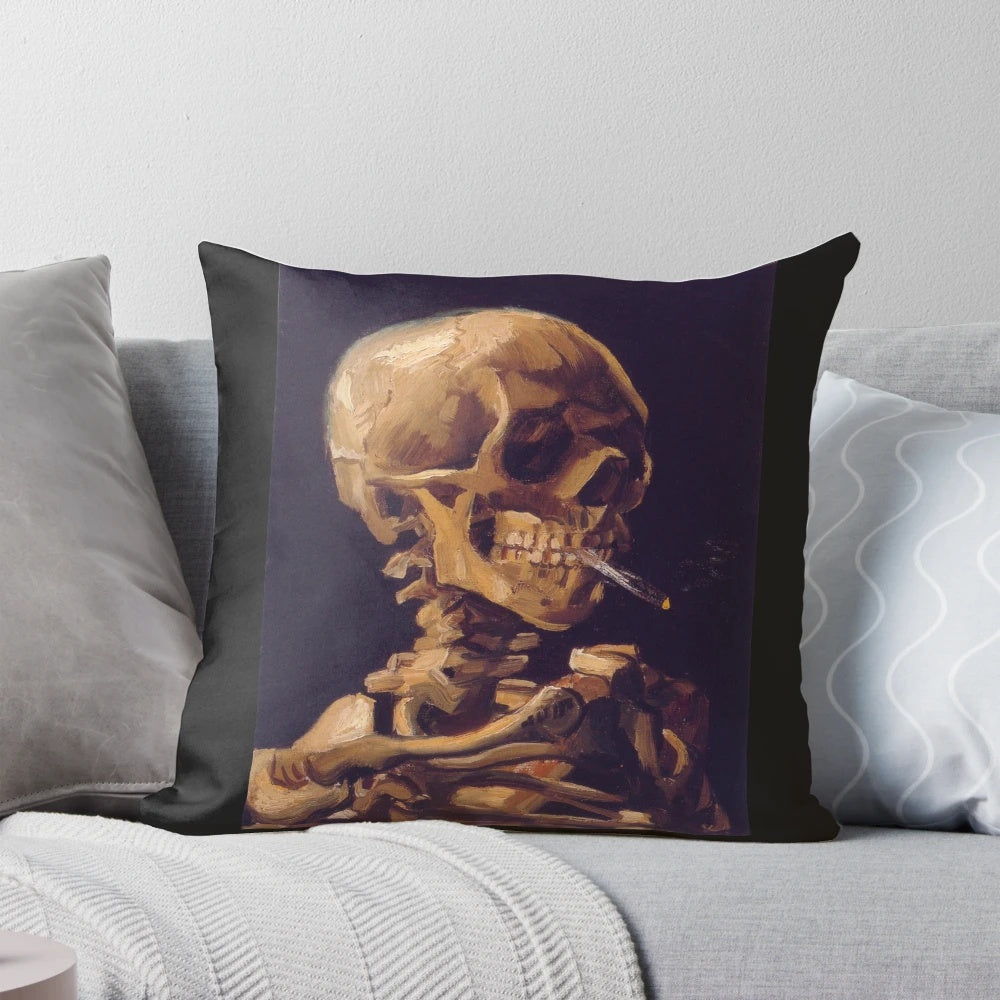 Decorative pillow featuring Vincent Van Gogh's famous painting 'Skull with Burning Cigarette