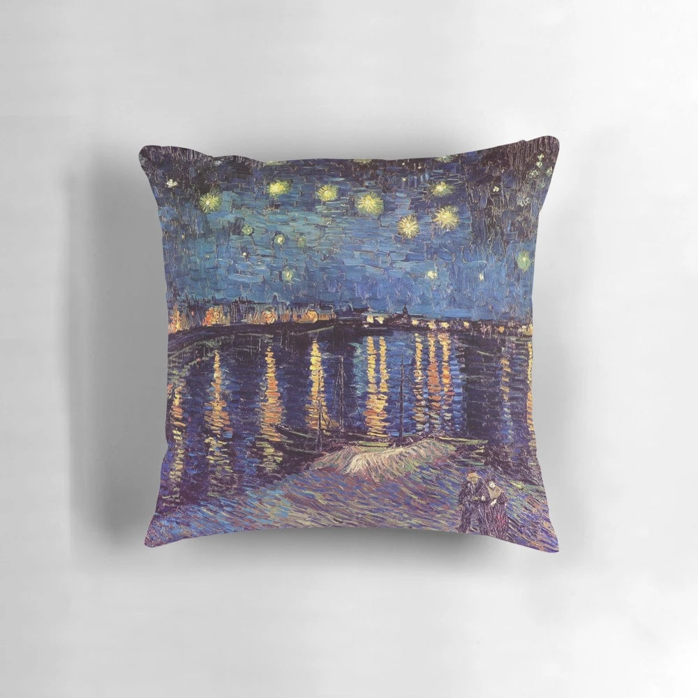 Vibrant oil painting of the Starry Night over the Rhone by the renowned artist Vincent van Gogh, printed on a high-quality pillow.