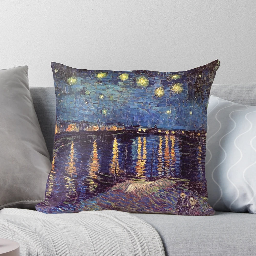 Vibrant oil painting of the Starry Night over the Rhone by the renowned artist Vincent van Gogh, printed on a high-quality pillow.