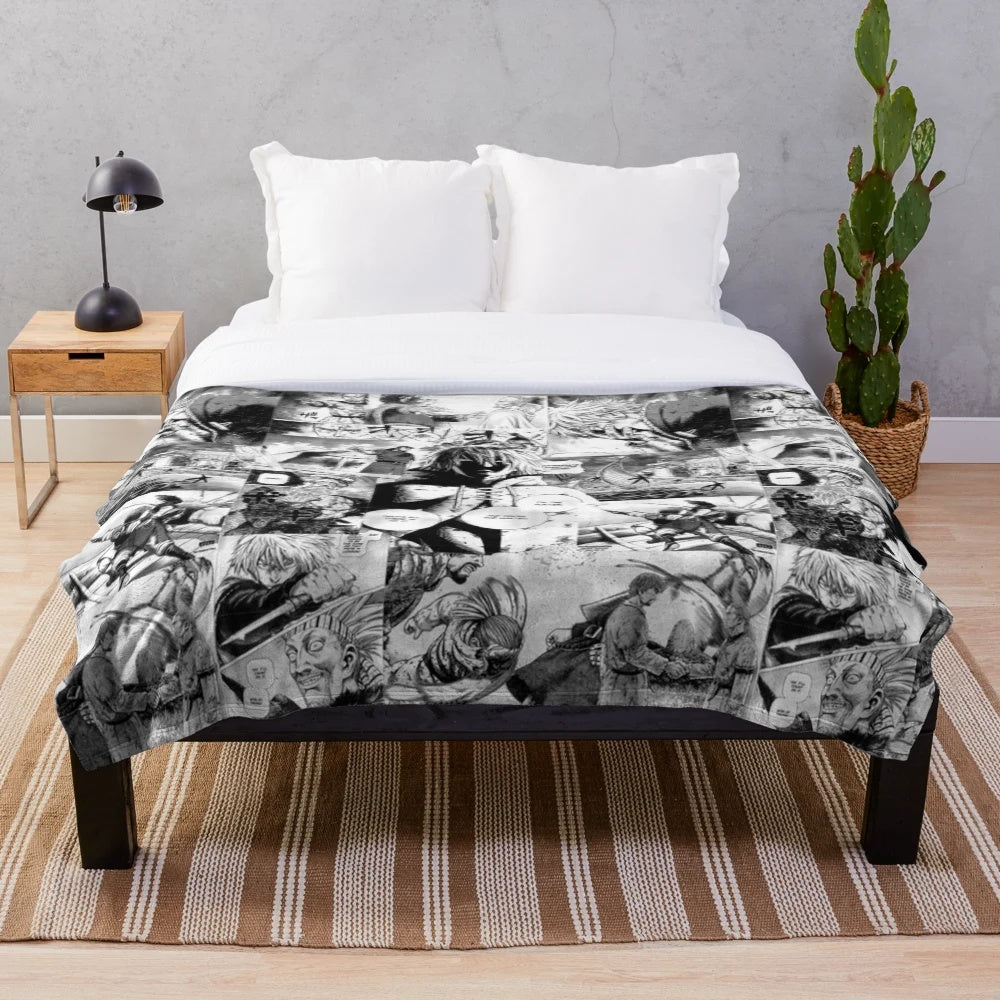 Vinland Saga manga-inspired collage plush blanket featuring characters Thorfinn, Askeladd, and Thors