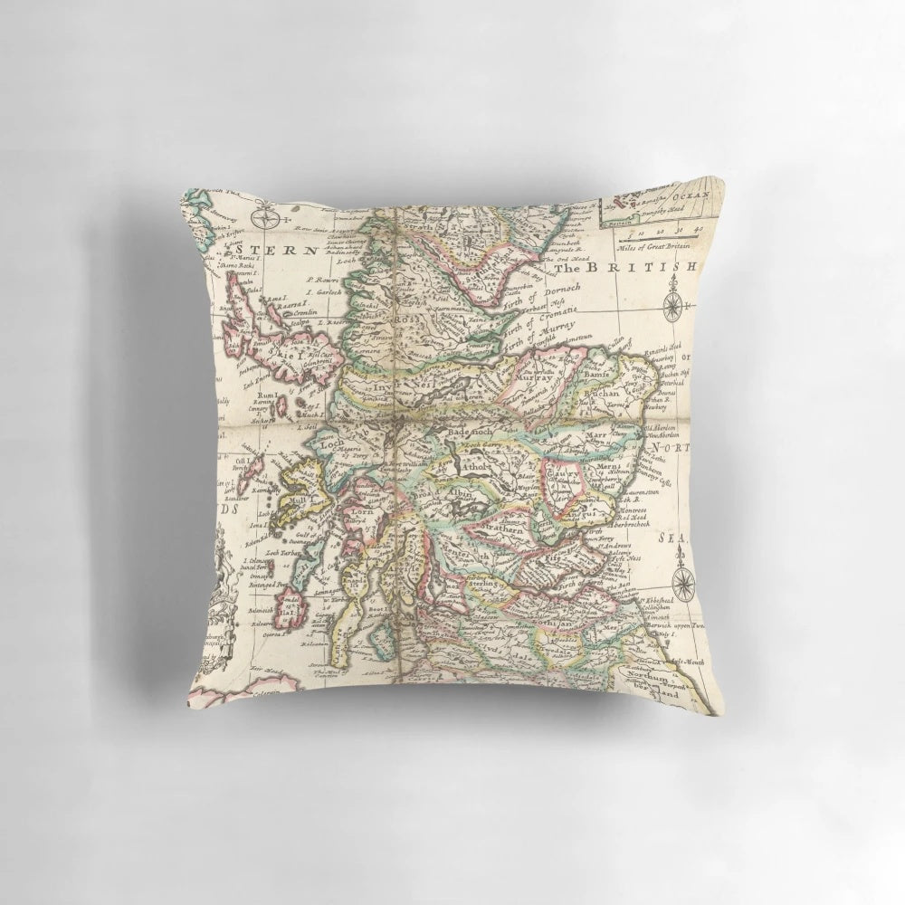 Vintage 1718 map of Scotland printed on a decorative throw pillow, highlighting the historical geography and cartography of the country.