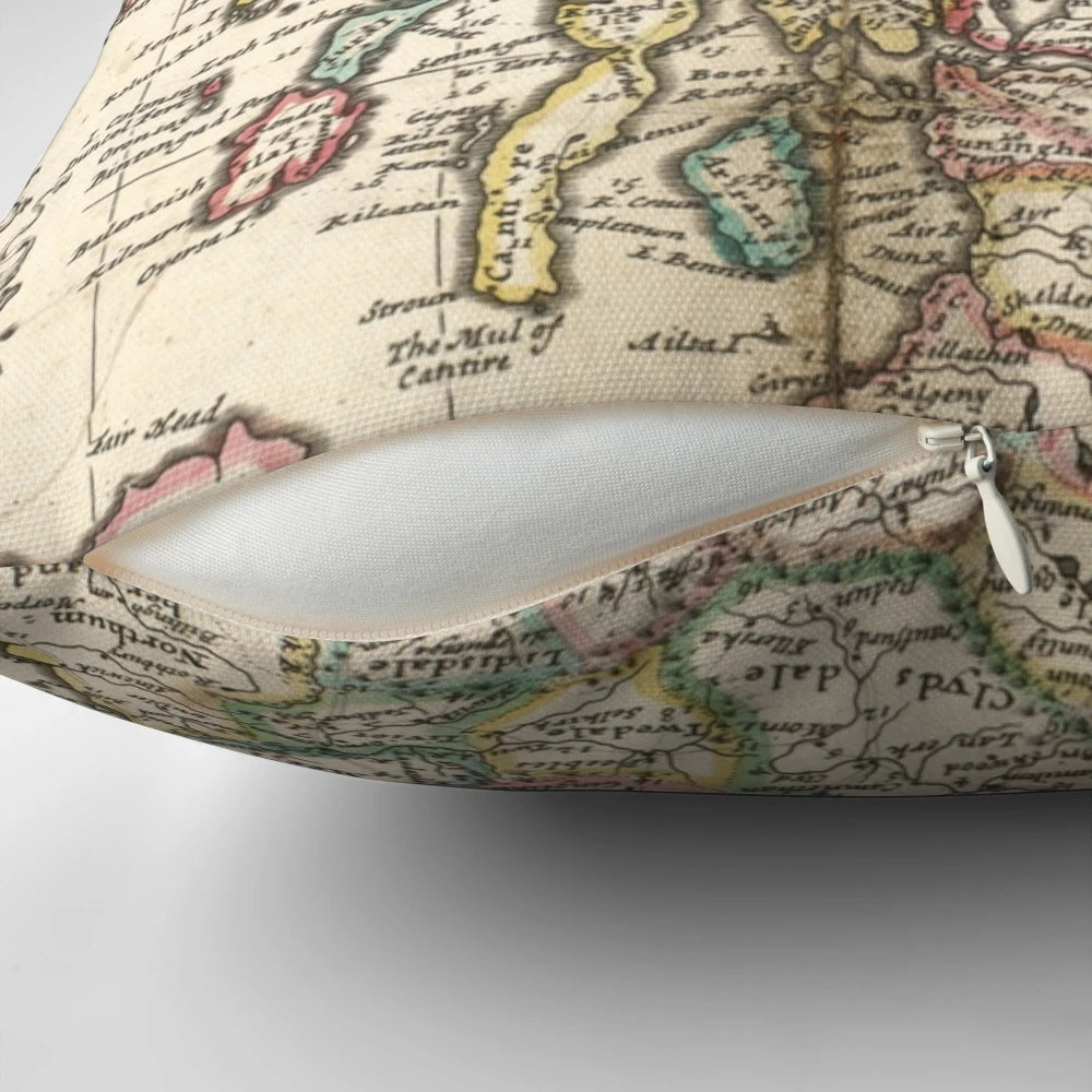 Vintage 1718 map of Scotland printed on a decorative throw pillow, highlighting the historical geography and cartography of the country.