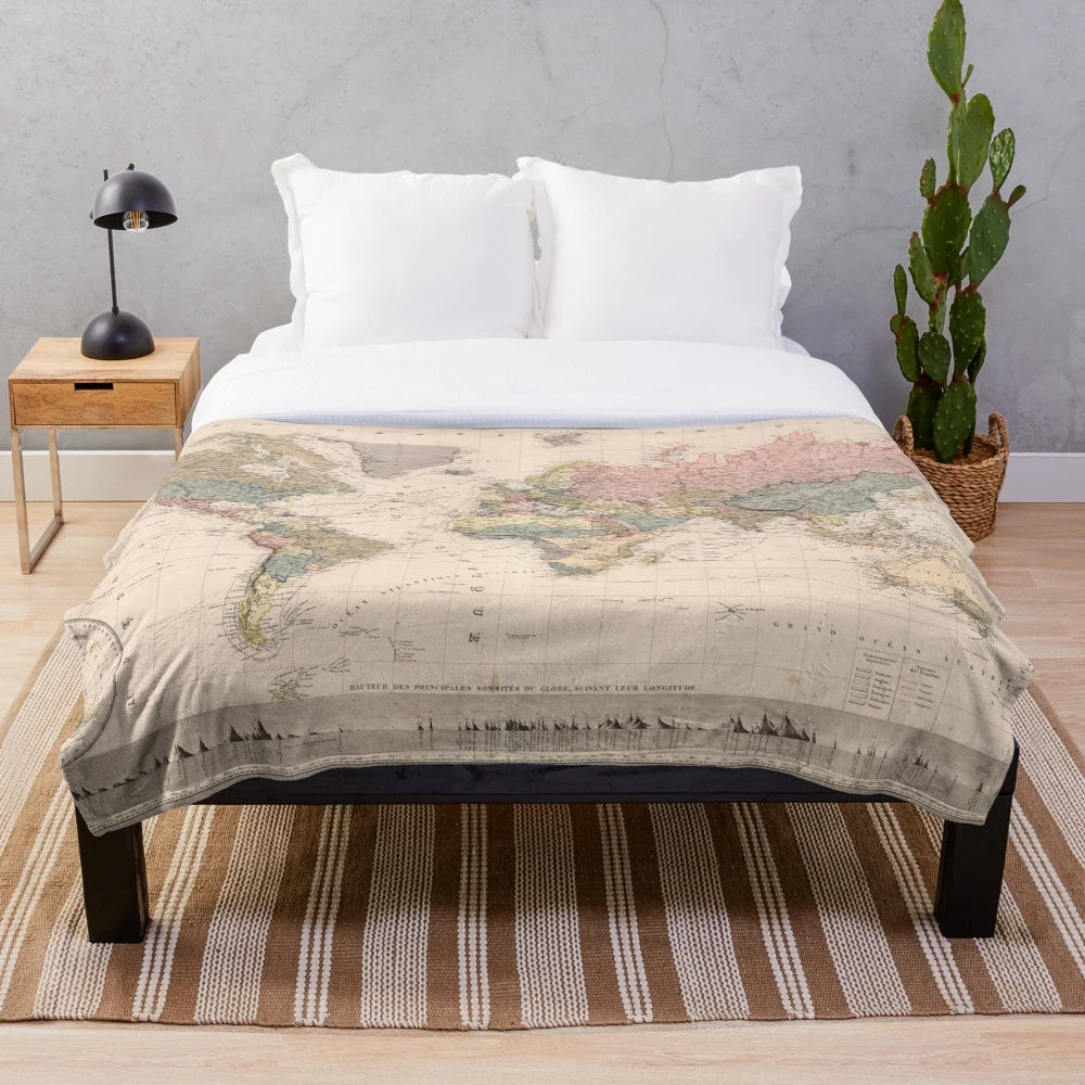 Vintage 1852 world map printed on a cozy plush blanket
