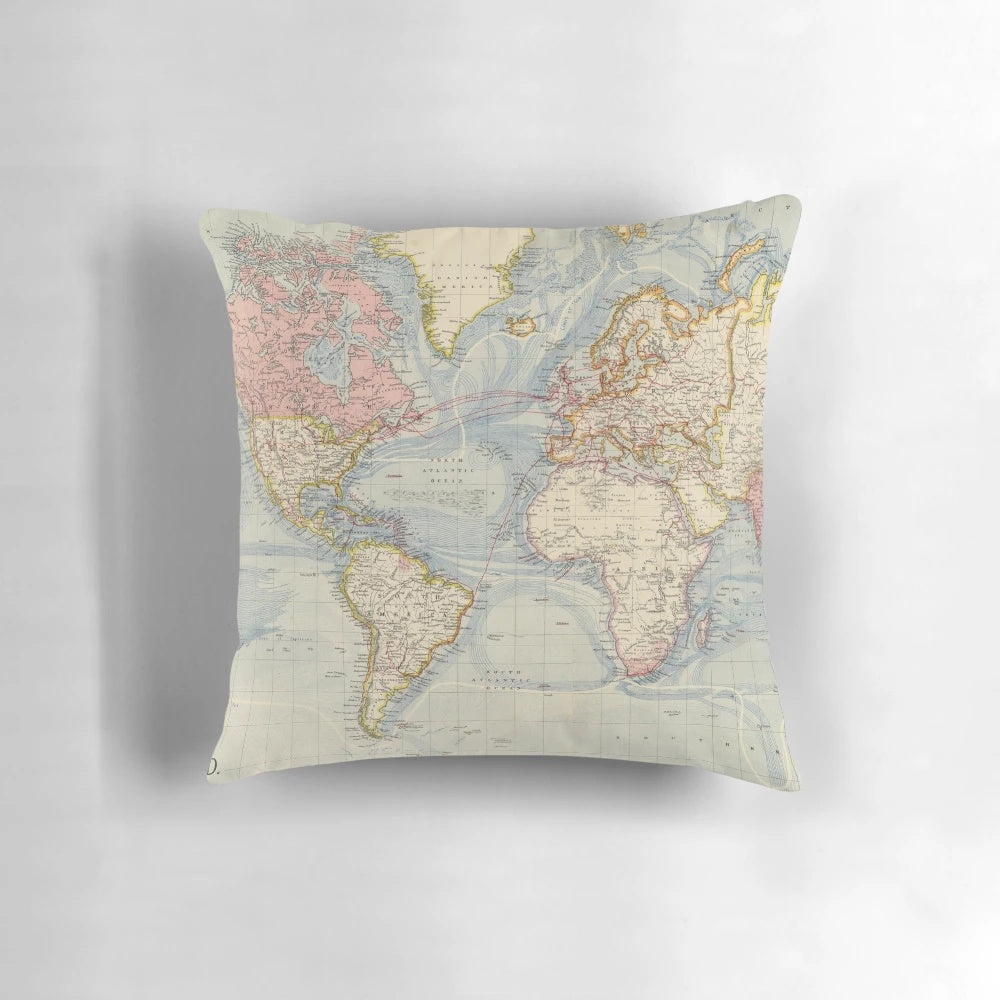 Vintage 1883 world map printed on a soft, comfortable throw pillow