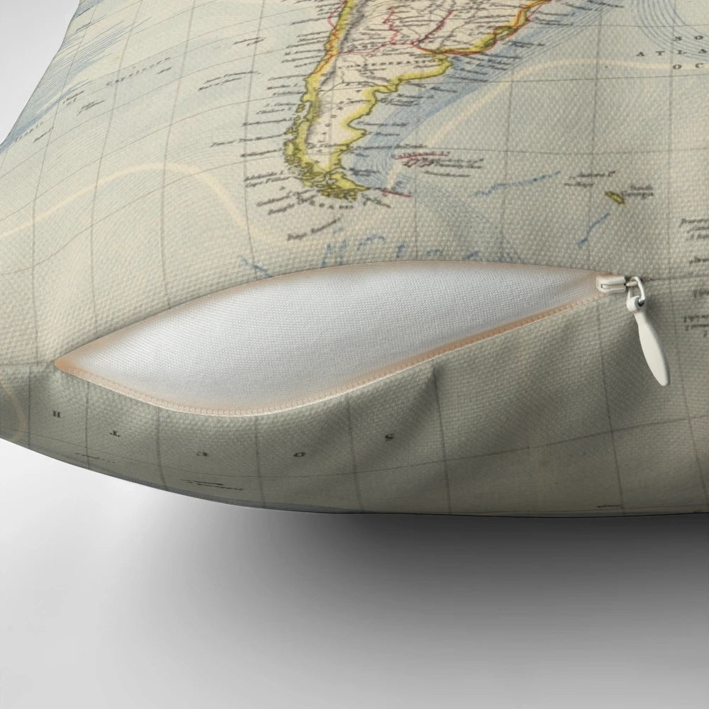 Vintage 1883 world map printed on a soft, comfortable throw pillow