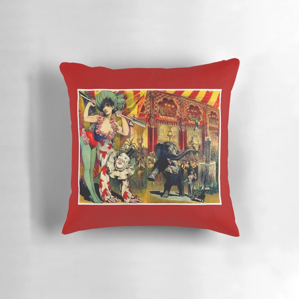 Vintage 1890 circus advertising print pillow with clowns, performers, and animals