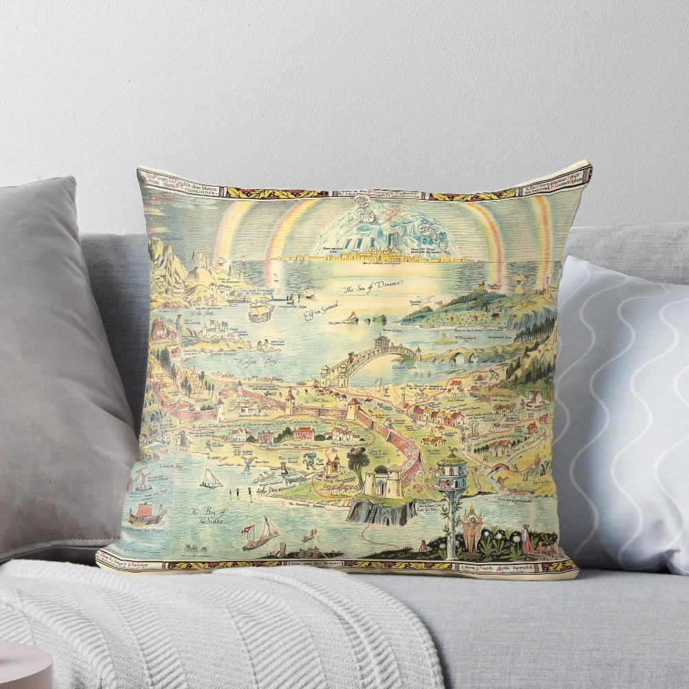 Vintage 1918 antique map of fairyland printed on a decorative pillow